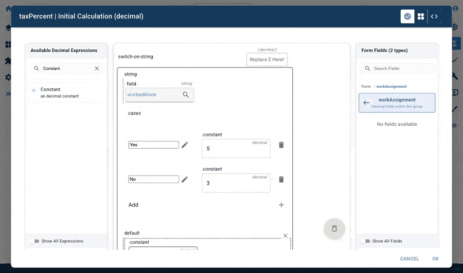 Mirata Calc Editor interface for taxPercent initial calculation with switch-on-string logic.