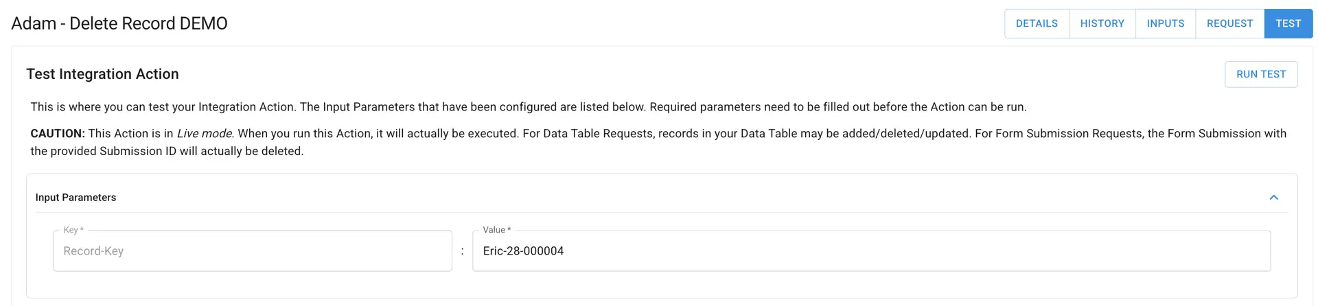 Mirata Data Management Test Integration Action page for deleting a record
