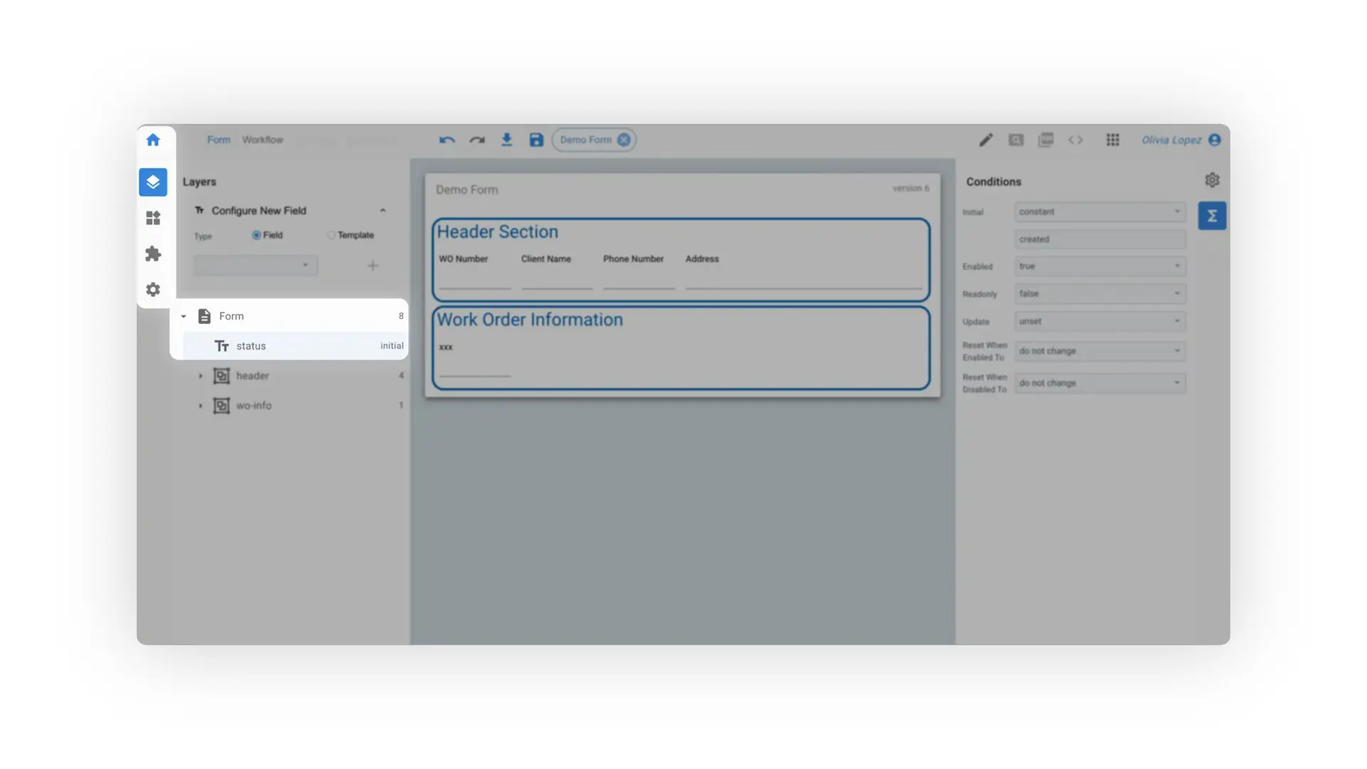 Mirata Designer Preview - Demo Form with Header Section and Work Order Information