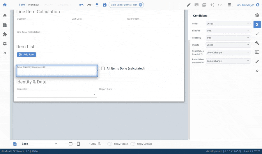 Mirata Calc Editor Demo Form showing Line Item Calculation and Conditions panel