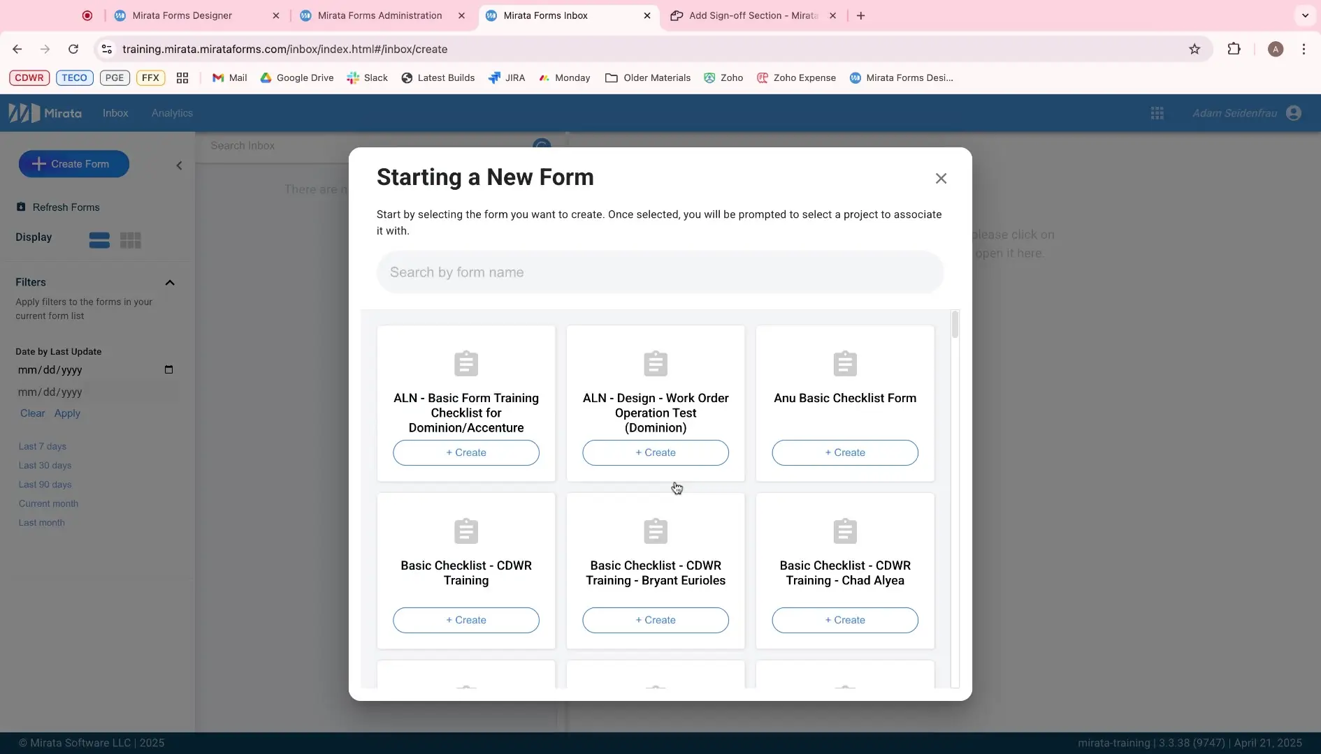 Mirata Forms - Starting a New Form interface with form templates and creation options.