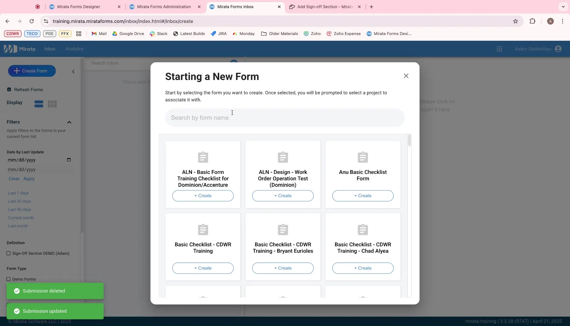 Mirata Starting a New Form interface with form templates and creation options.