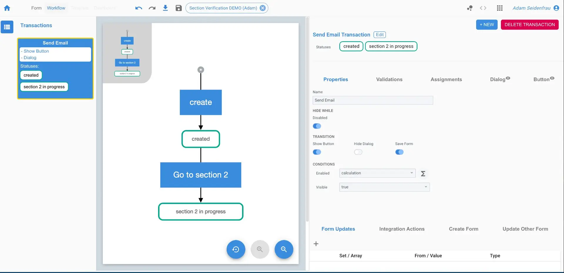 Mirata Workflow interface showing Send Email transaction details and flowchart