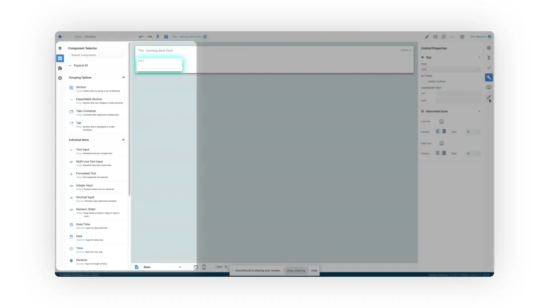 The user is designing a form in the Mirata platform. They are in the process of adding and configuring a text input field to the form, as indicated by the control properties panel.