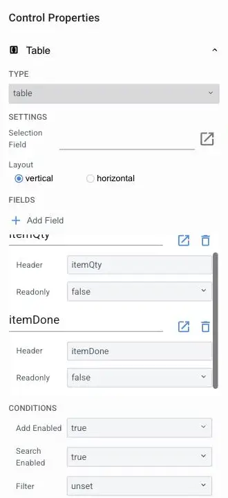 Mirata Control Properties panel for table configuration showing fields and conditions settings.