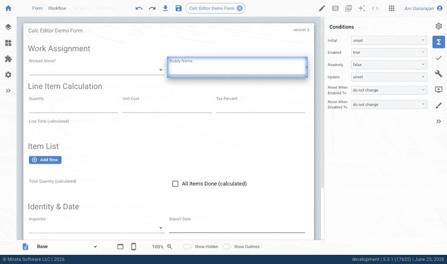 Mirata Calc Editor Demo Form with conditions panel