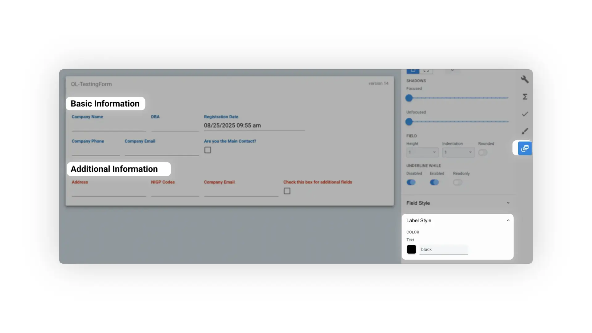 Mirata form design interface showing parent-child style properties for OL-TestingForm version 14.
