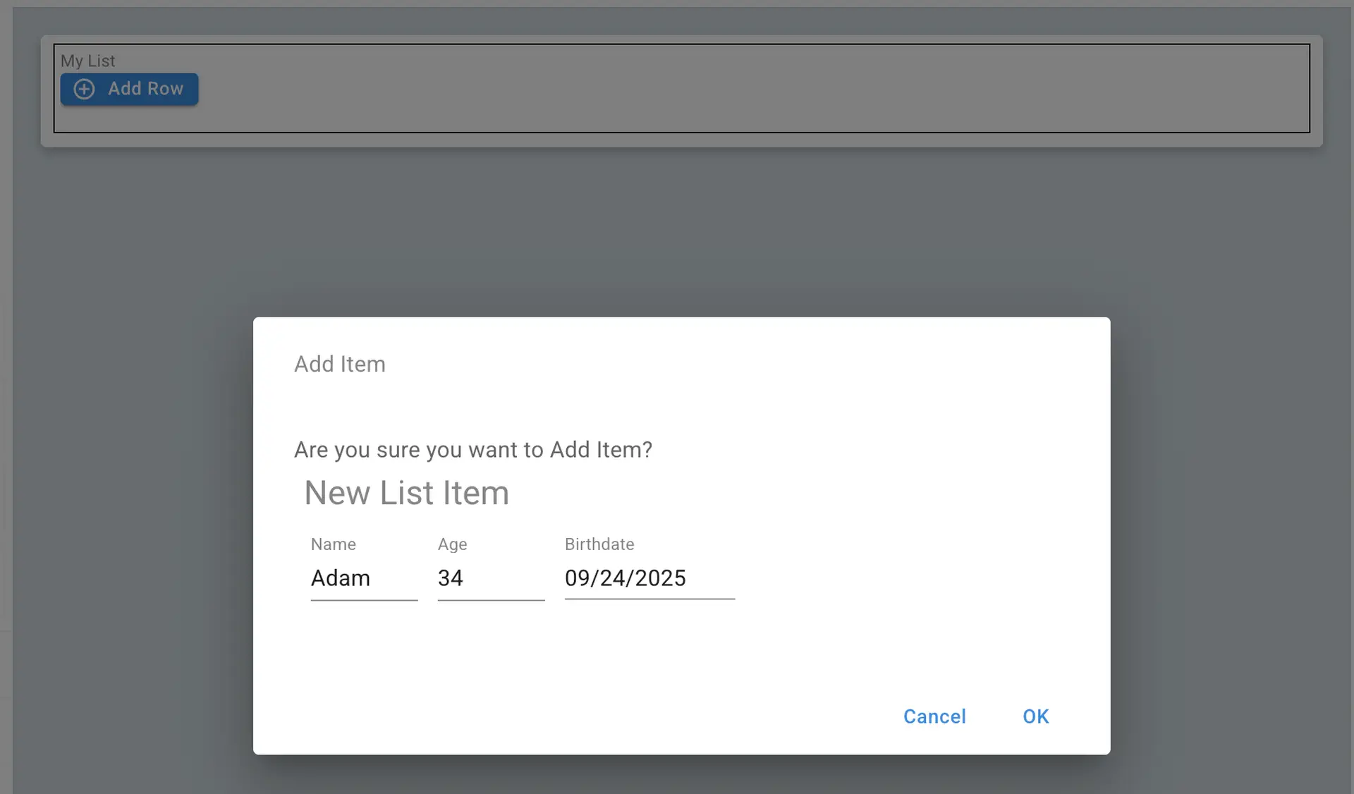 Mirata Forms - Add New List Item Confirmation Dialog