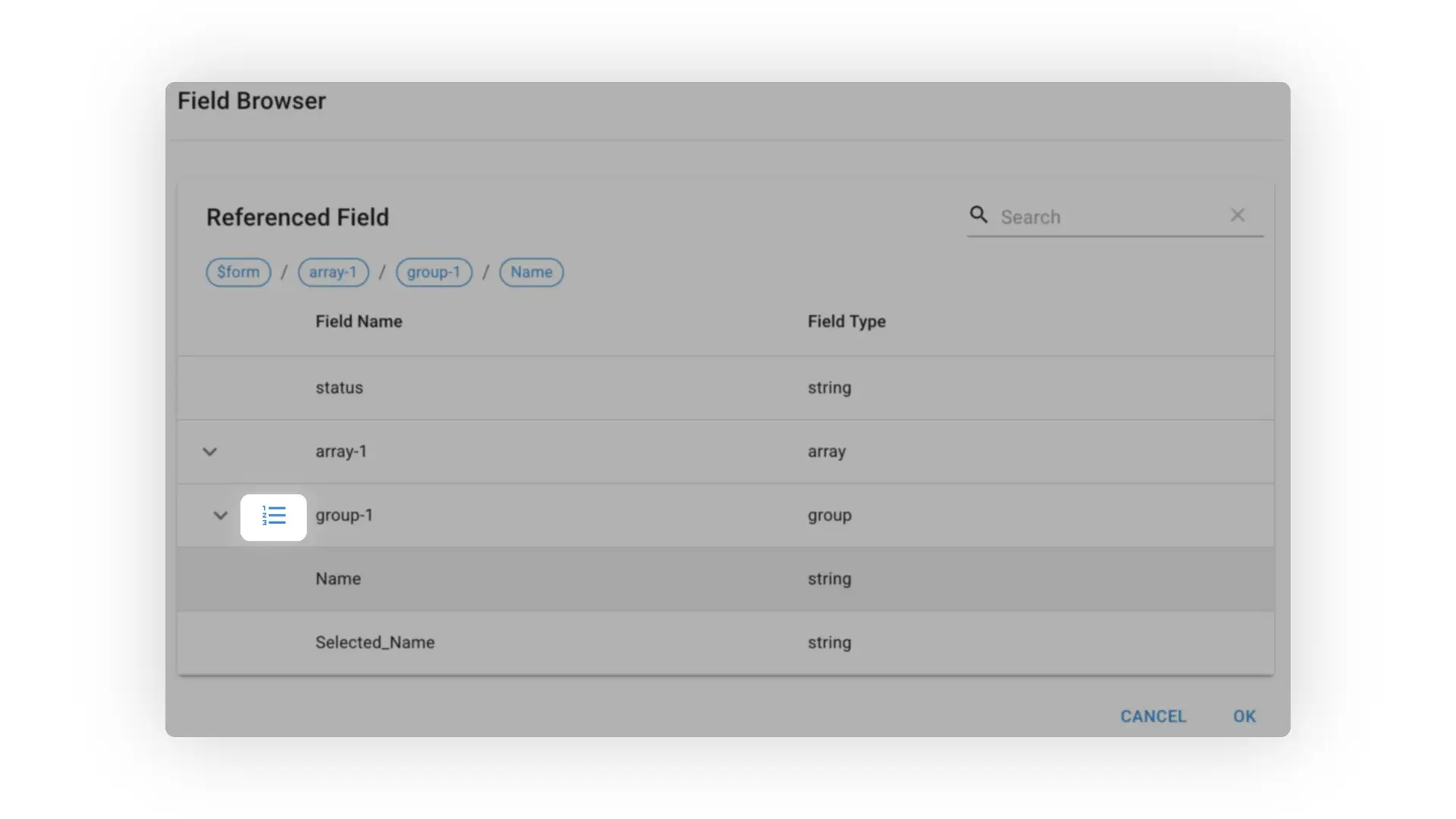 Mirata Field Browser interface showing referenced fields for forms.