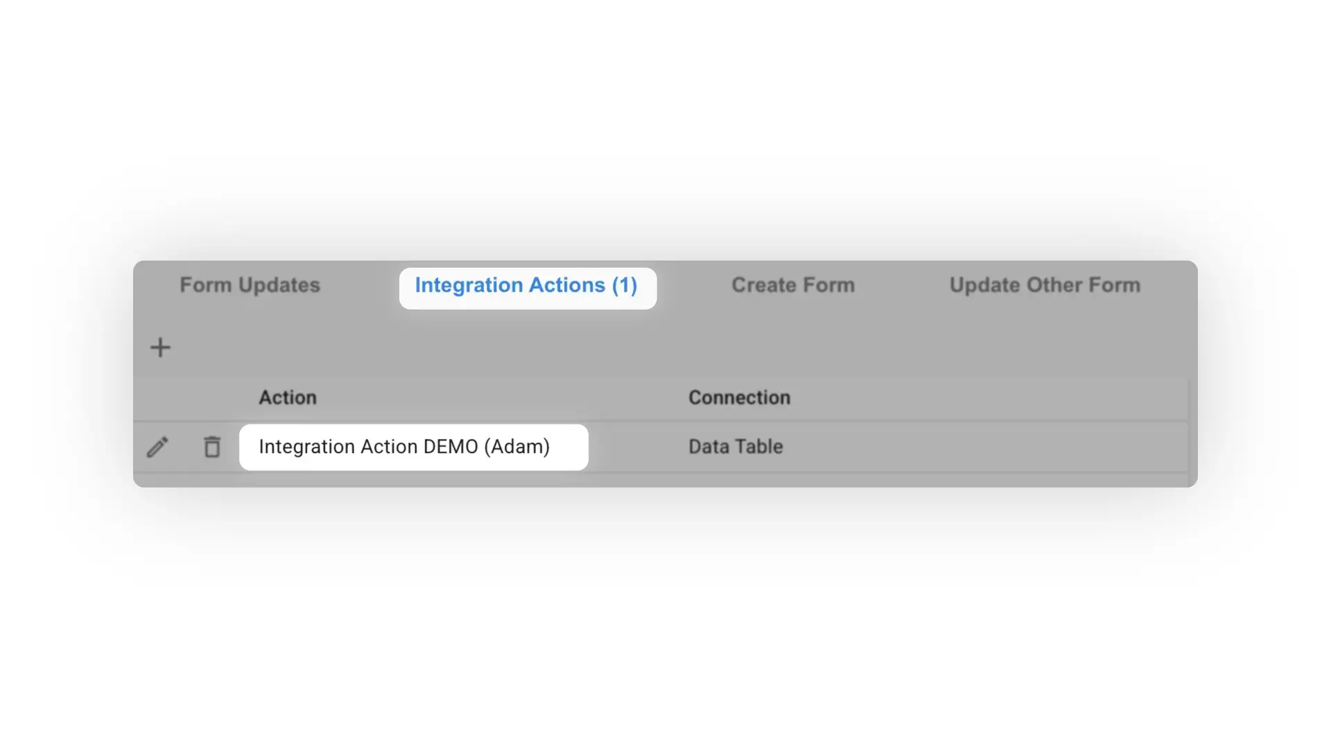 Mirata platform Integration Actions tab showing one integration action linked to a data table.