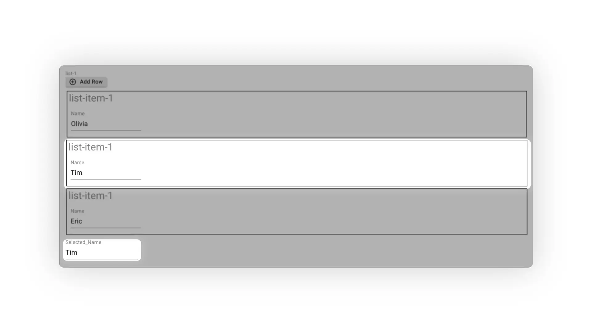 Mirata Forms feature showing list items with names and a selected name field.