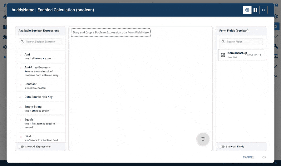 Mirata Calc Editor screen for managing boolean expressions in forms.