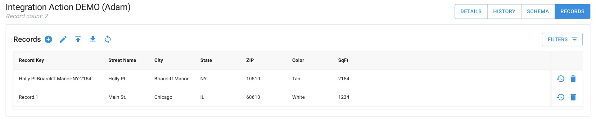 Mirata Integration Action DEMO Records tab interface