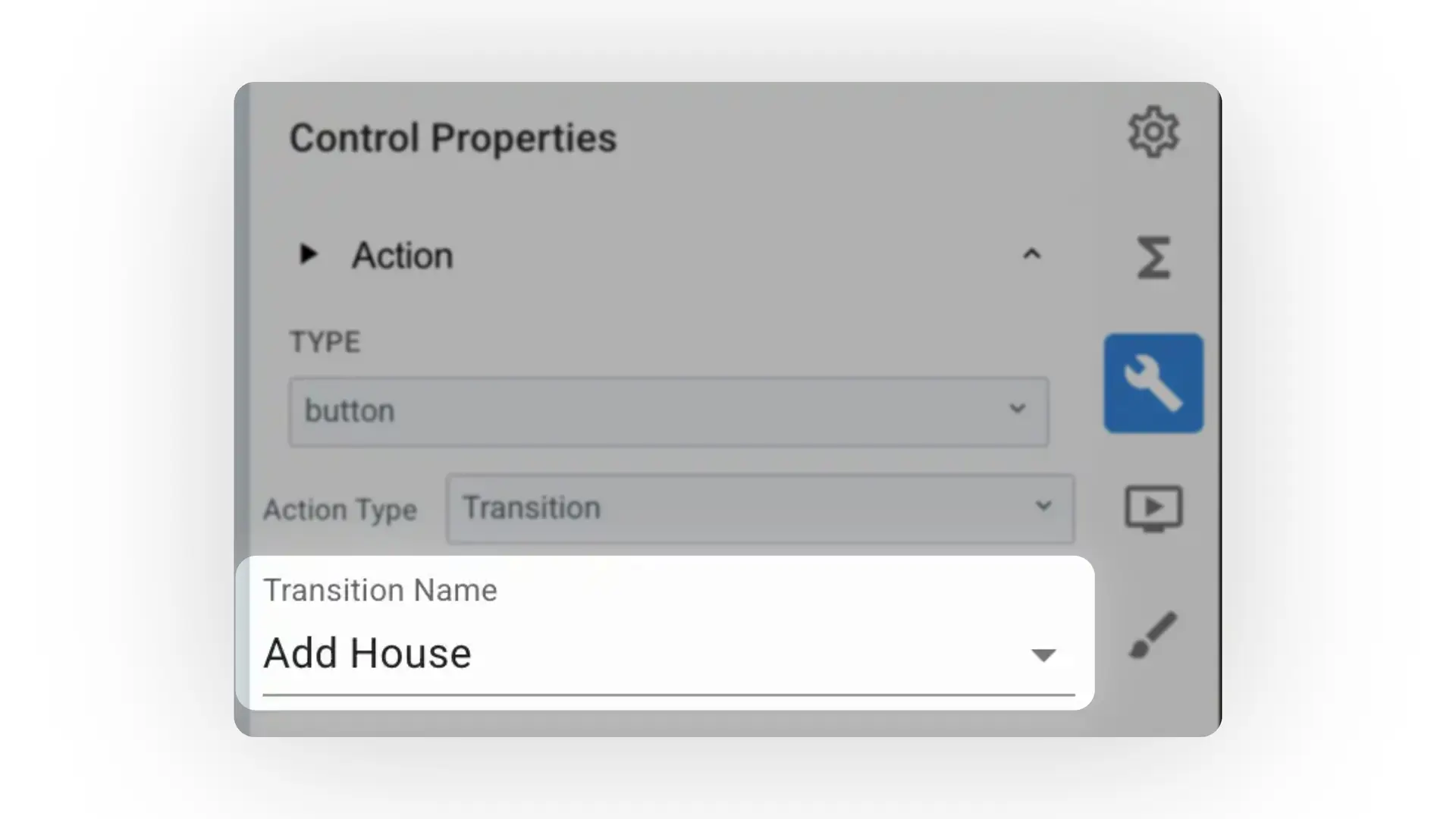 Mirata Control Properties panel showing Action settings for workflows with a focus on button type and transition action.