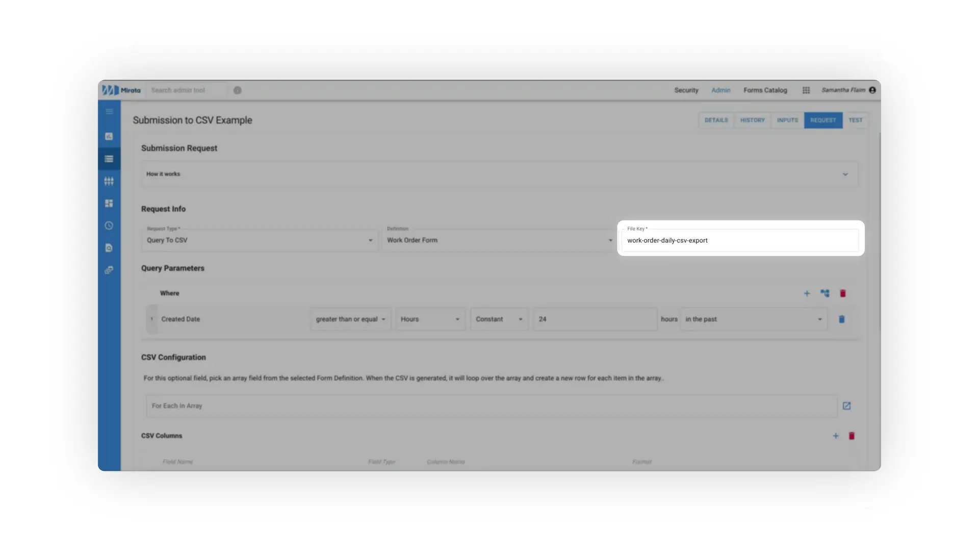 Mirata platform Submission to CSV Example page for exporting data to CSV