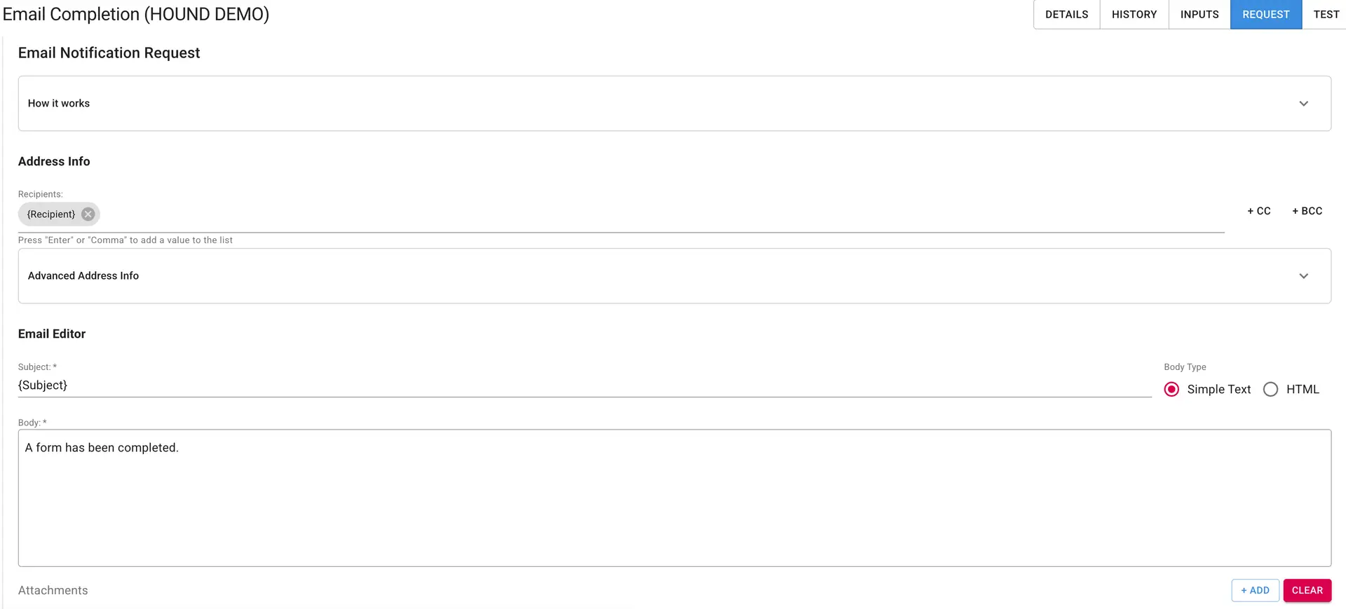 Mirata Email Completion Request screen under Integrations feature