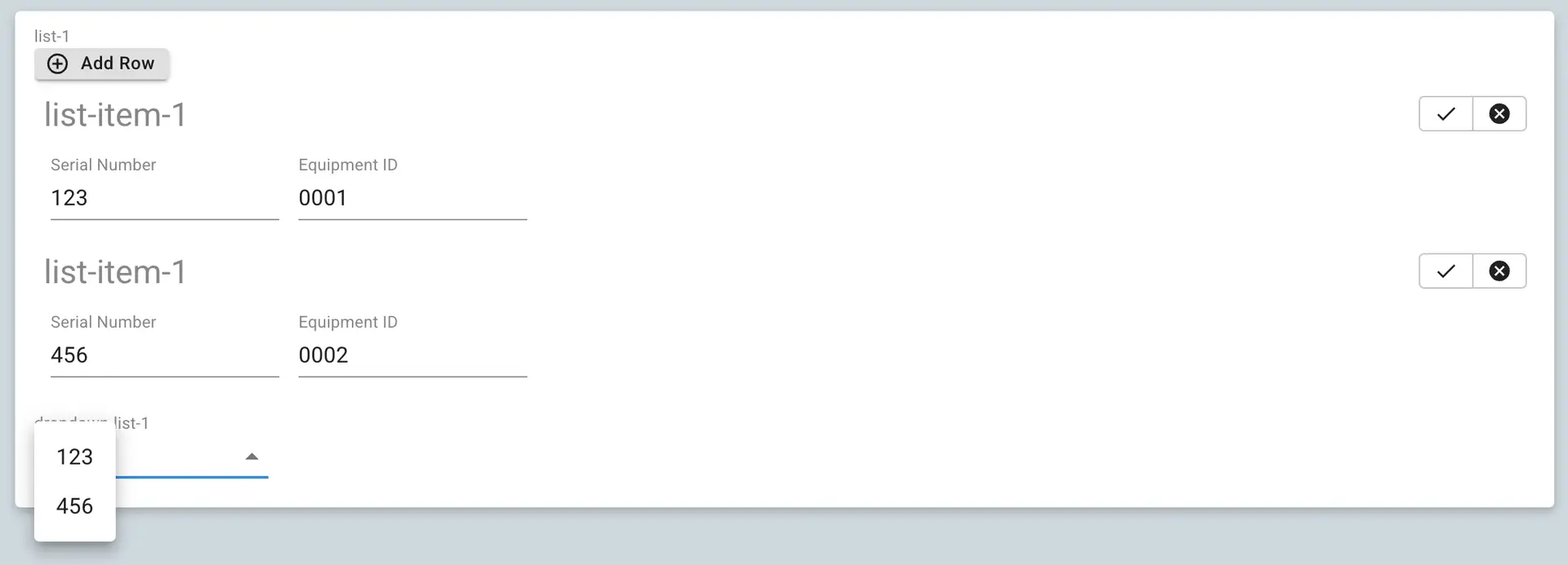 Mirata Forms feature showing dropdown lists referencing form lists with add row and confirm or cancel options.