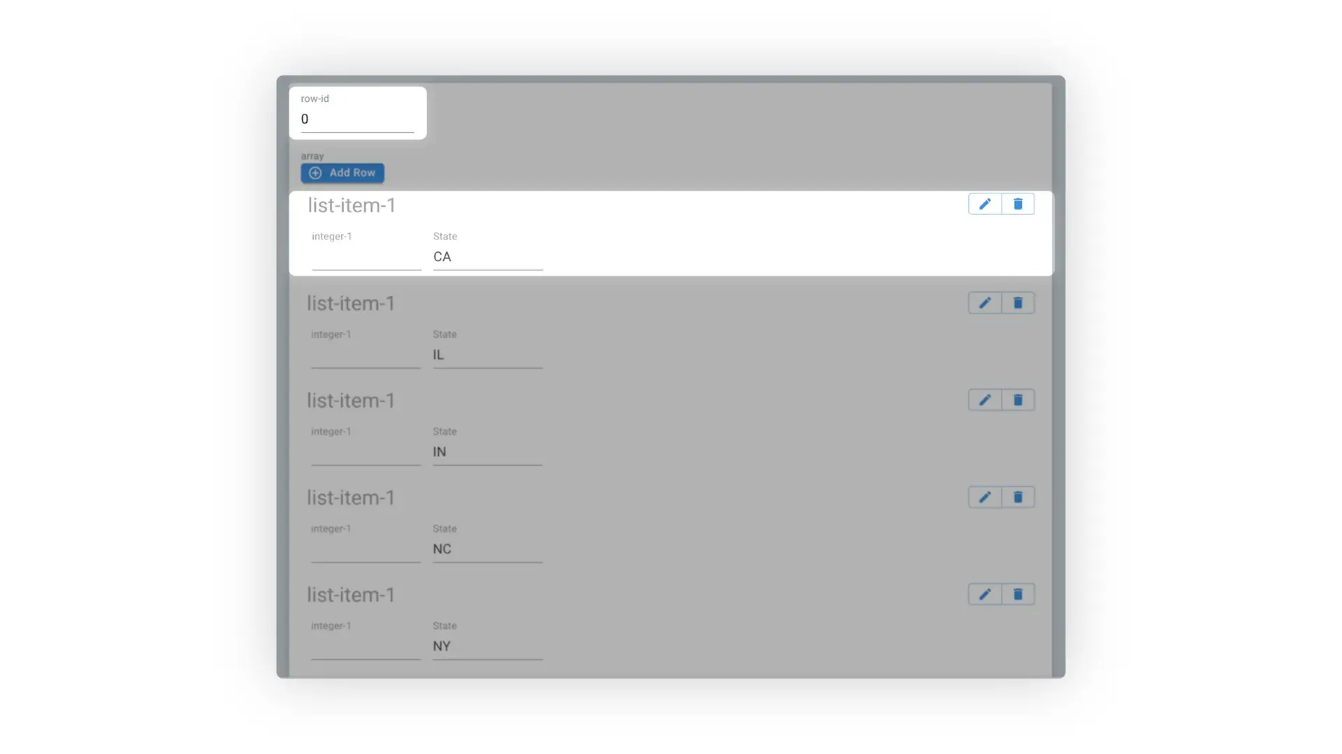 Mirata Forms feature showing row selection in an array field with multiple state entries.