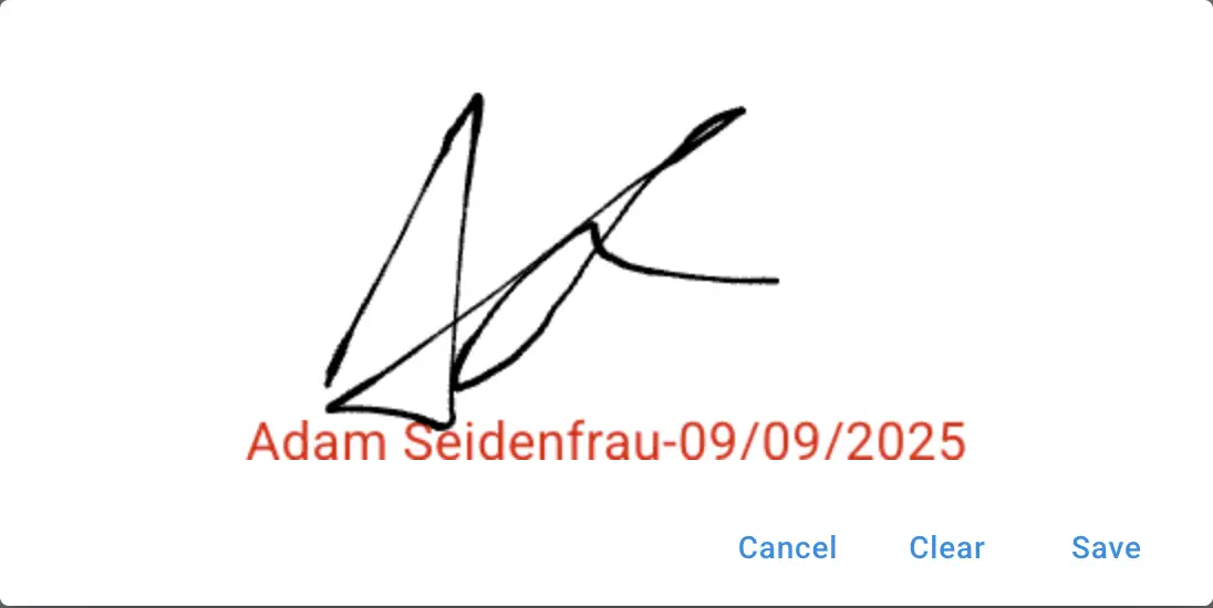 Mirata Forms feature showing a digital signature with options to cancel, clear, or save.