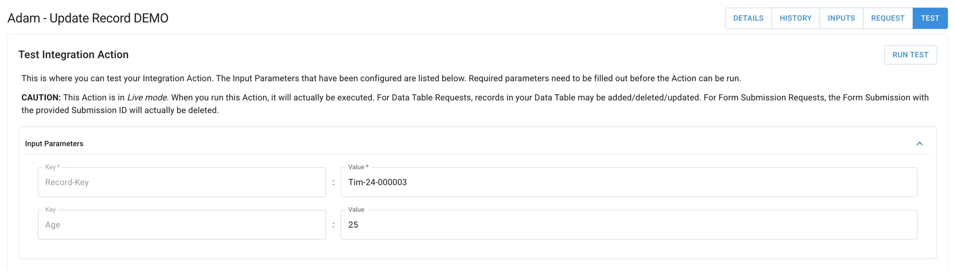 Mirata - Adam Update Record DEMO Test Integration Action screen