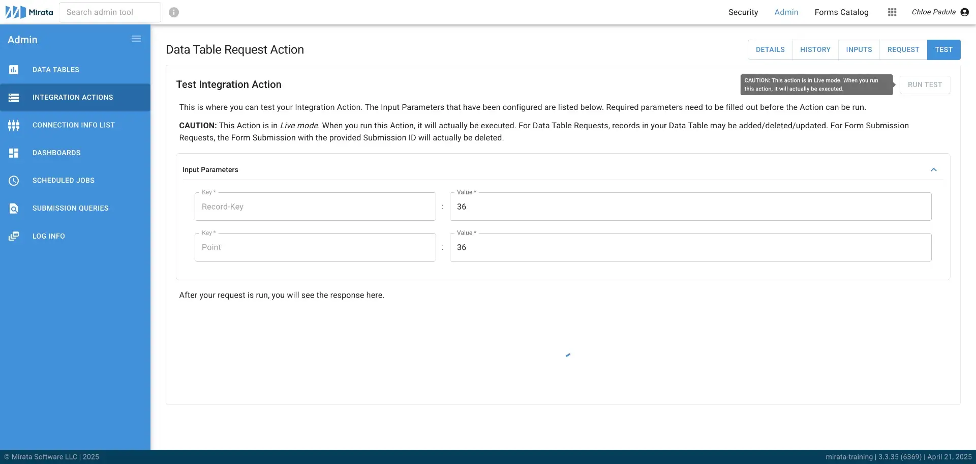 The user is testing an integration action within the Mirata platform. The interface displays input parameters for the test, including Record-Key and Point, with their corresponding values.