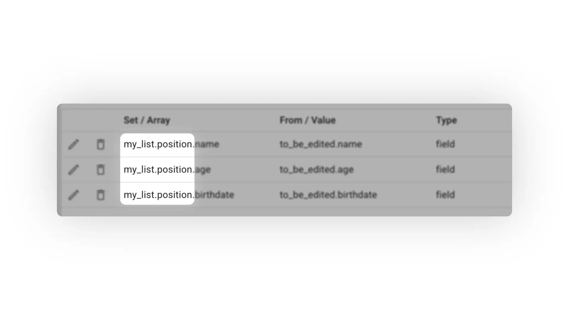 Mirata Forms Customized List Transitions table showing field mappings for name, age, and birthdate.