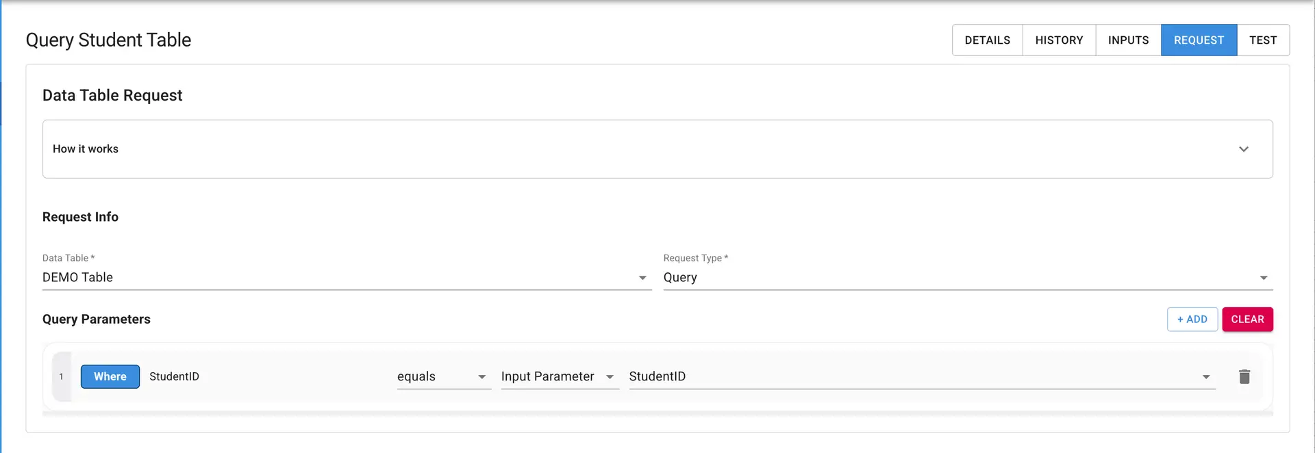 Mirata Query Student Table screen showing data table request and query parameters setup.