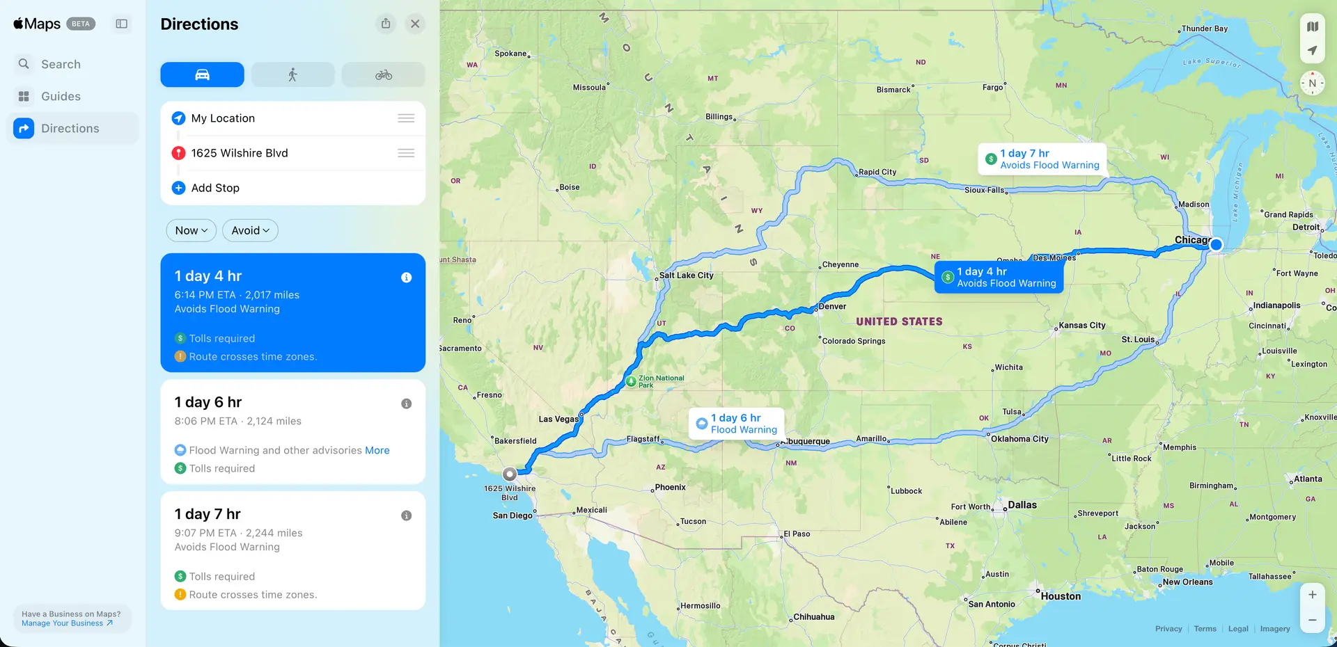 Map interface showing directions from My Location to 1625 Wilshire Blvd with route options and flood warnings.