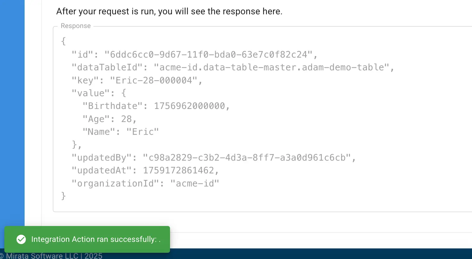 Mirata Data Management - Data Table Request Response