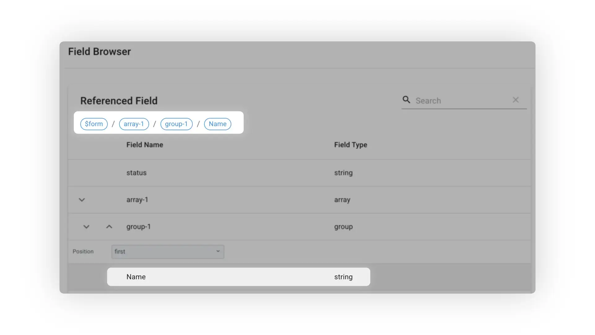 Mirata Field Browser showing Referenced Field with breadcrumb $form / array-1 / group-1 / Name