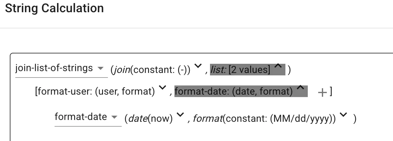 Mirata Forms feature showing String Calculation with join-list-of-strings and format-date functions.