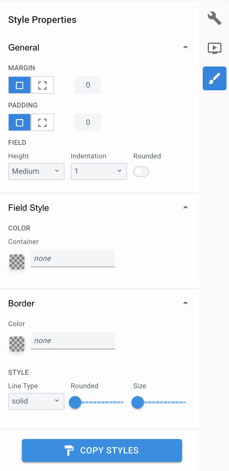 Mirata Style Properties panel for customizing digital form components