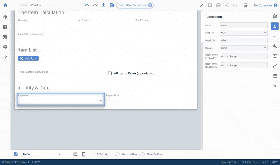 Mirata Calc Editor Demo Form showing Line Item Calculation and Conditions panel