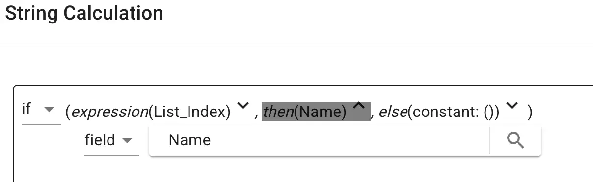 Mirata platform string calculation interface for forms with conditional expression setup.