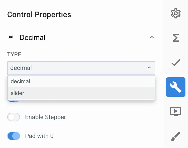 Mirata Control Properties panel for Decimal Input configuration