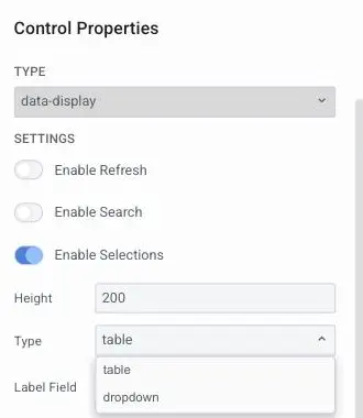 Mirata Control Properties panel for data-display configuration with settings for refresh, search, selections, height, and type options.