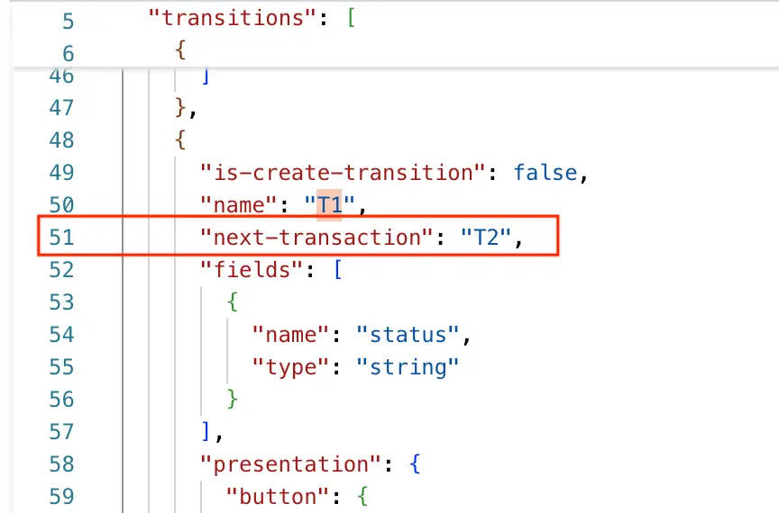 Mirata Workflow Editor JSON code showing daisy chaining with next-transaction highlighted