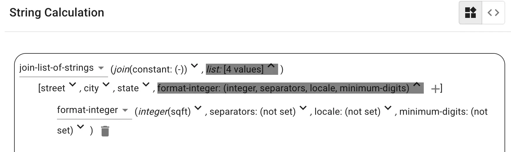 Mirata platform String Calculation interface for workflow configuration.