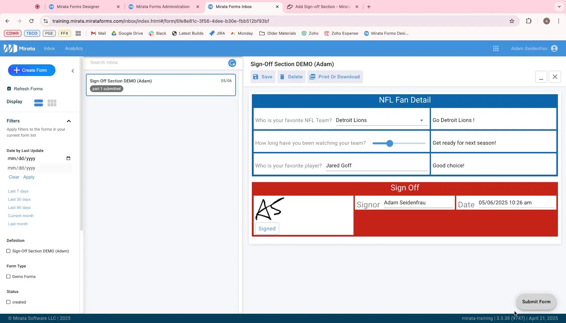 Mirata Forms Inbox showing Sign-Off Section DEMO with NFL Fan Detail form and sign-off area.