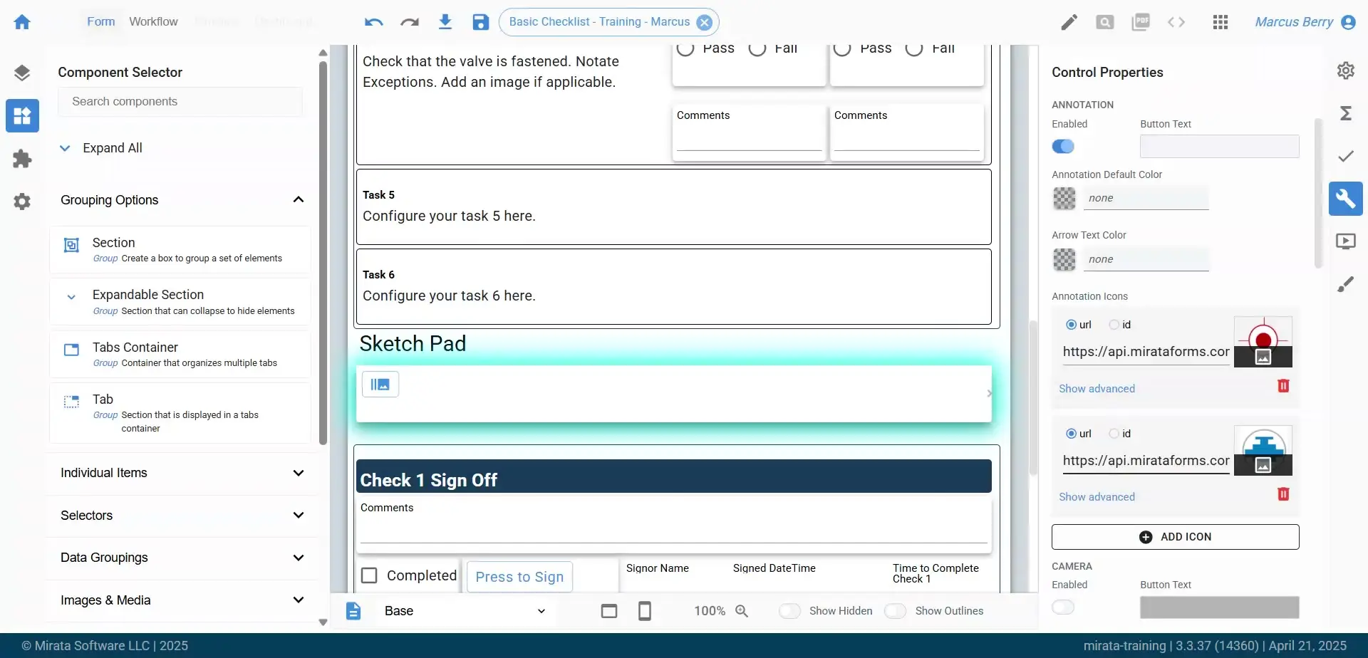 The user is interacting with the Mirata platform to design a digital form. They are in the process of adding annotation icons to the form, as indicated by the 'Add Icon' button.