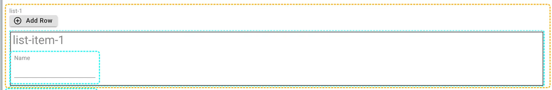 Mirata Forms feature showing list-item-1 with Add Row button and Name field.