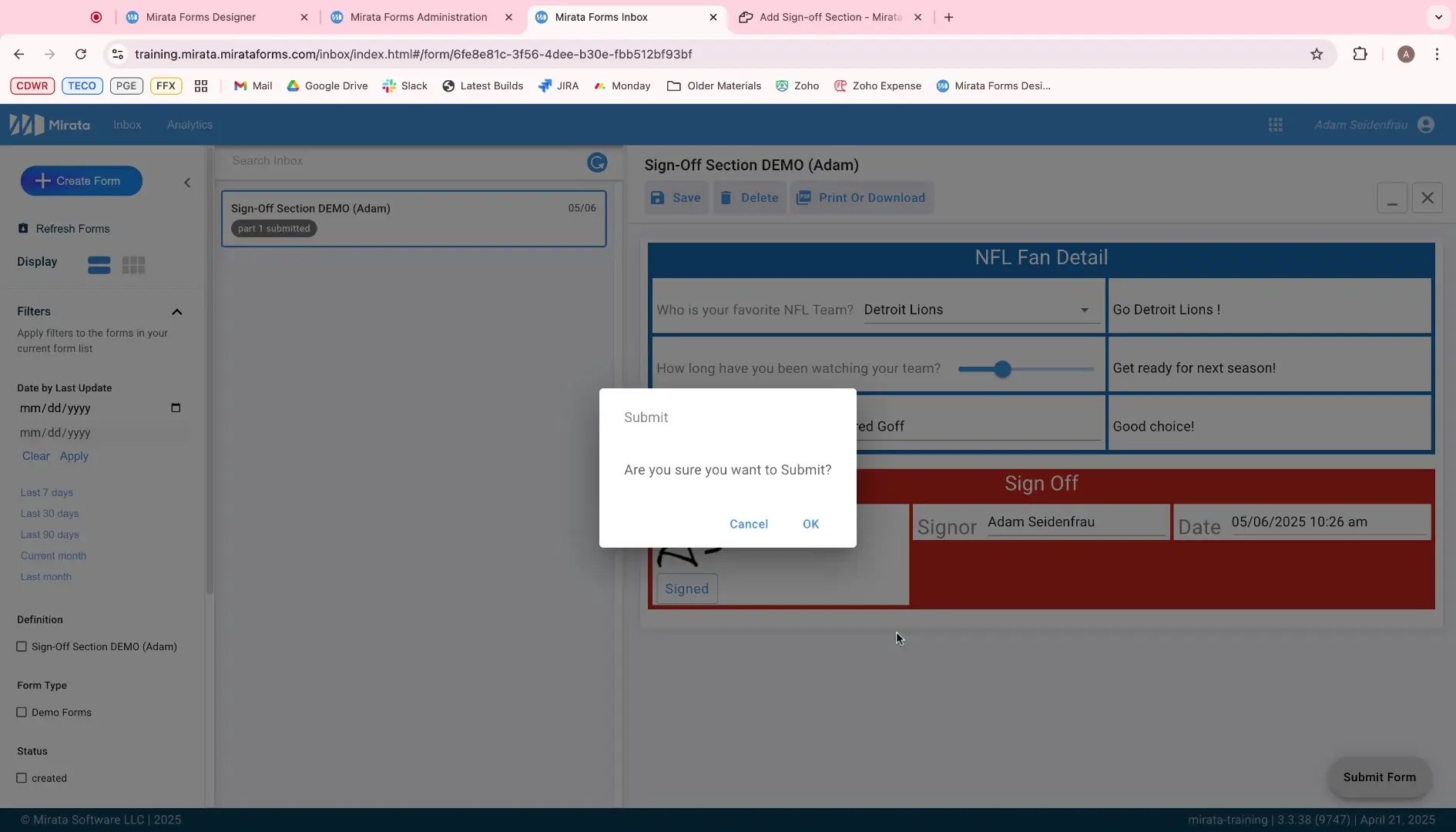 Mirata platform workflow interface with NFL Fan Detail form and submit confirmation dialog.