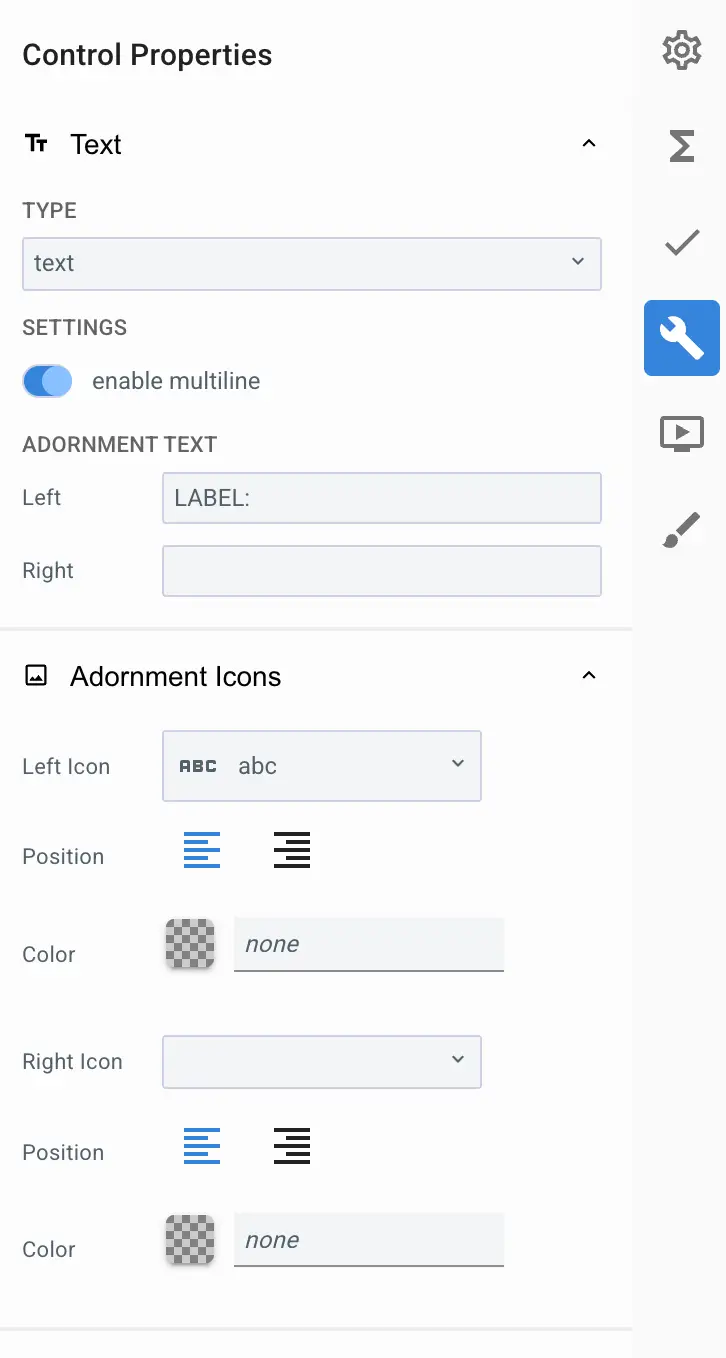 Mirata Control Properties panel for text input configuration with multiline and adornment options.