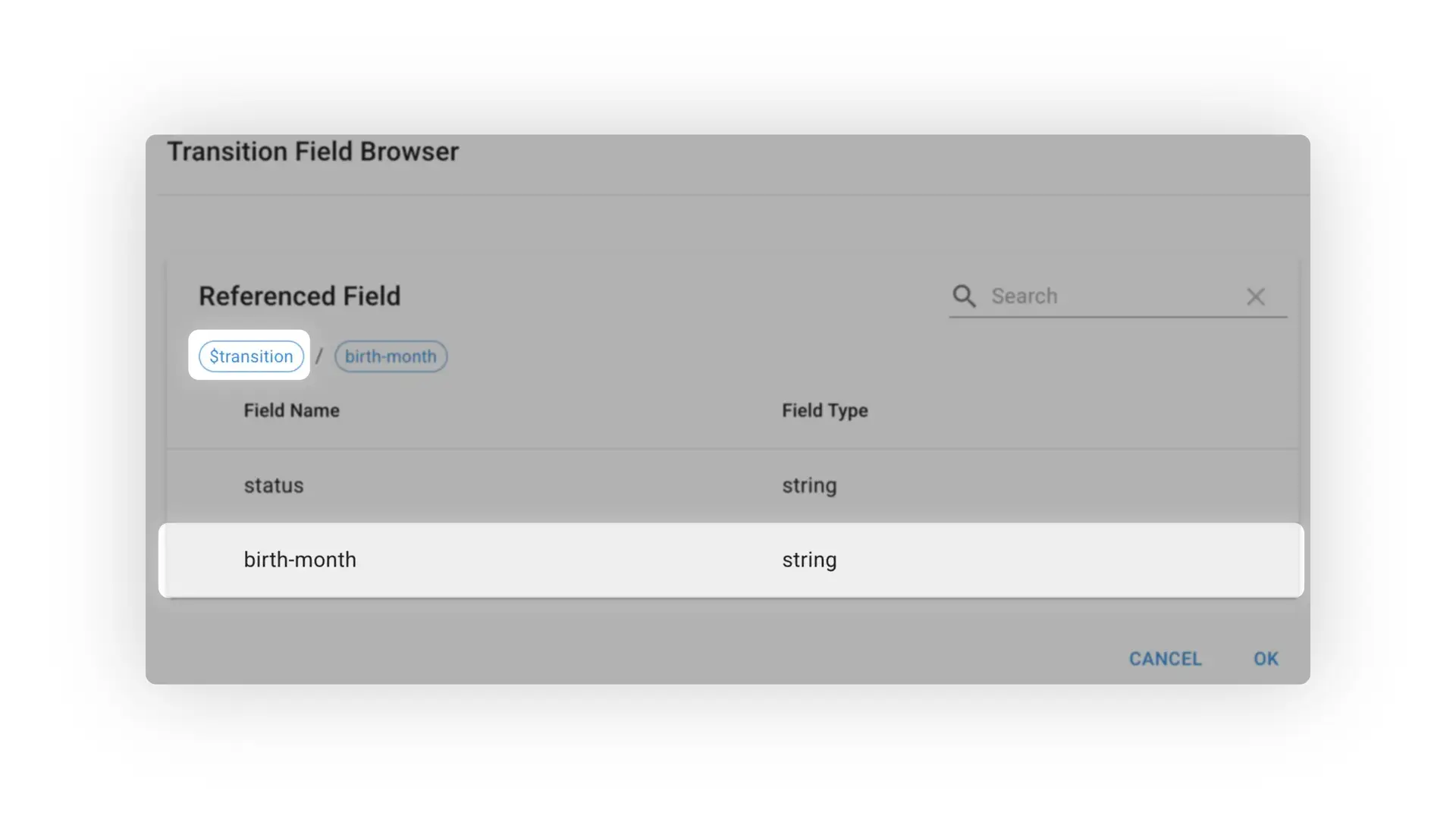 Mirata Transition Field Browser showing referenced fields for workflows.