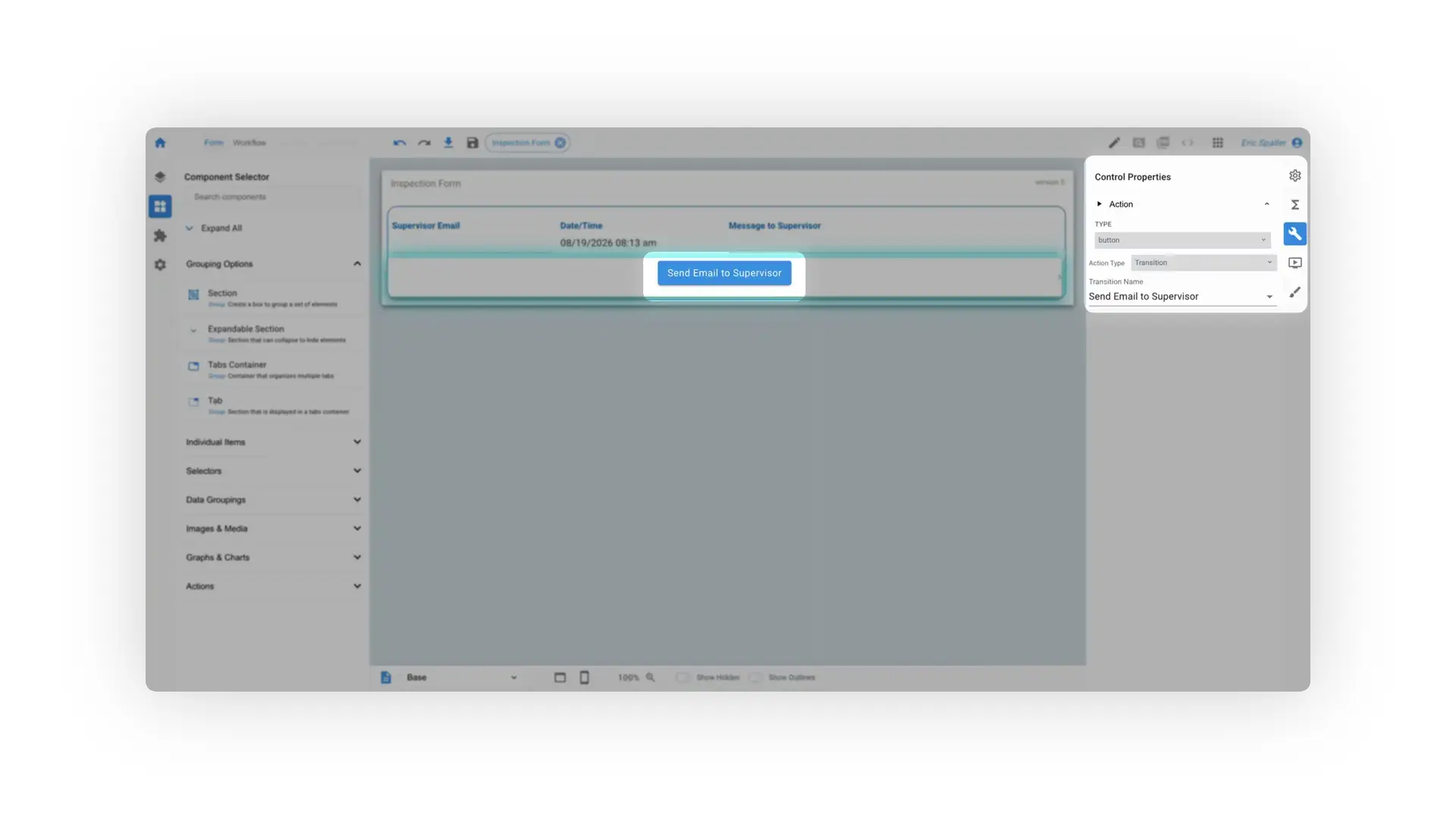 Mirata platform interface showing workflow transition button setup in an inspection form.