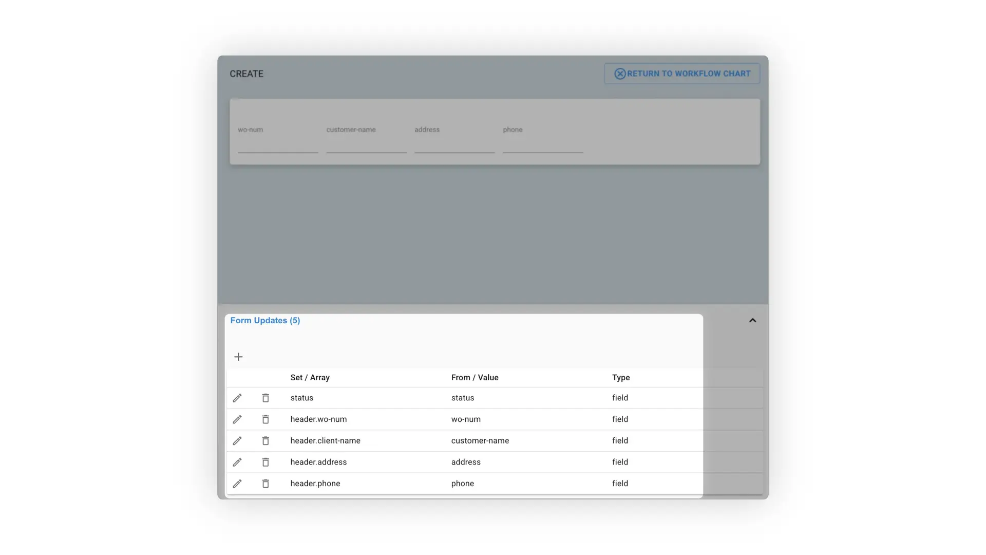Mirata platform form creation screen showing fields for wo-num, customer-name, address, and phone with a section for form updates.