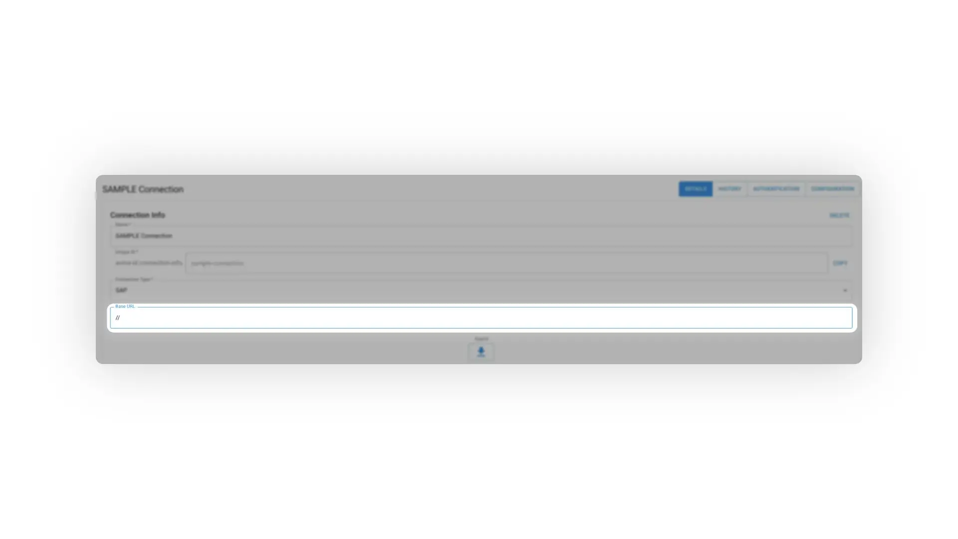 Mirata platform SAMPLE Connection details page for establishing external connections with SAP