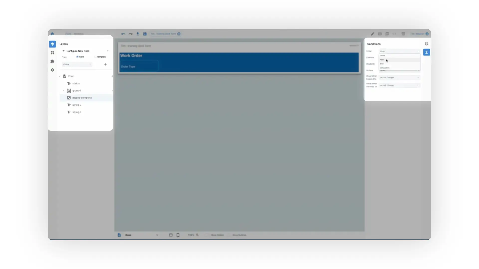 The user is configuring the conditions for a form element within the Mirata platform, specifically setting the 'Enabled' condition to 'false'.