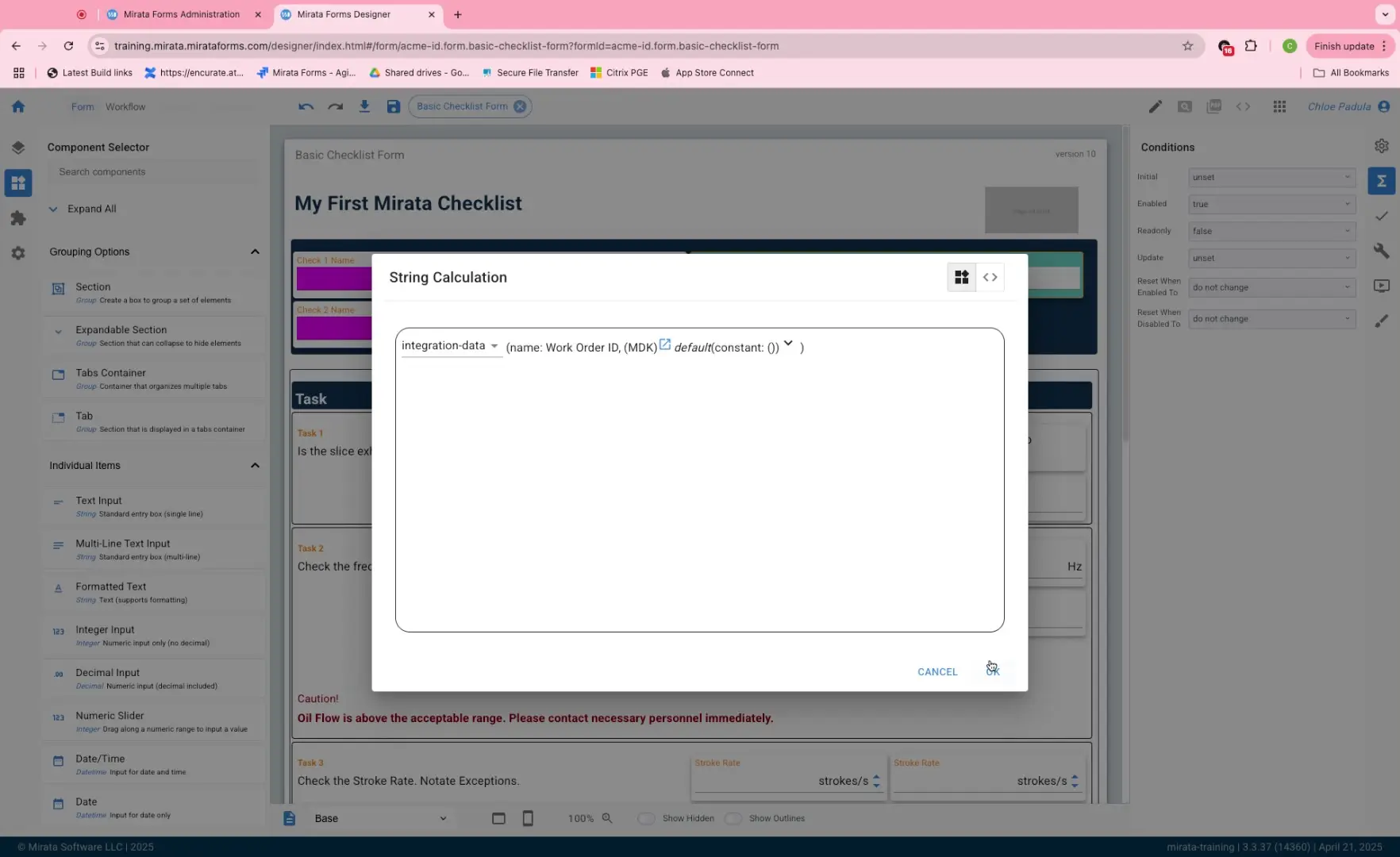 Mirata Forms Designer interface showing String Calculation dialog for integration data configuration.