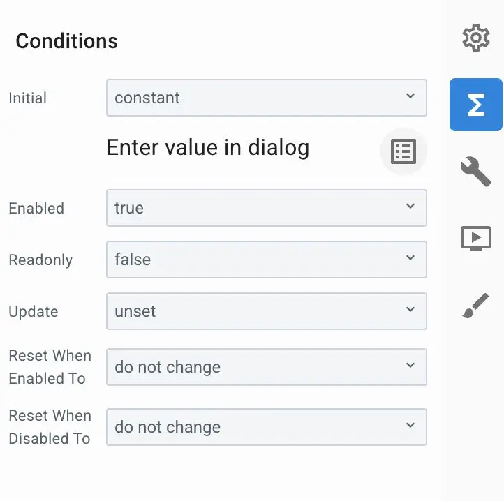 This screenshot shows the 'Conditions' settings for a form element, allowing users to define initial values, enable/disable states, and specify reset behaviors. Users can configure whether the element is enabled, read-only, or updated based on certain conditions, with options to reset values when the enabled or disabled state changes.